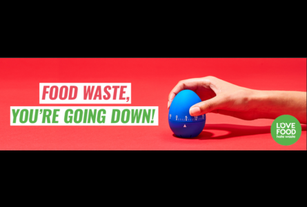Hand holding an egg timer with text food waste youre going down